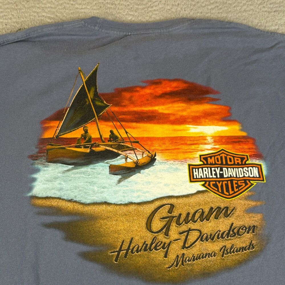 HARLEY DAVIDSON Guam T Shirt Mens XL Blue Graphic Biker Double Sided Moto